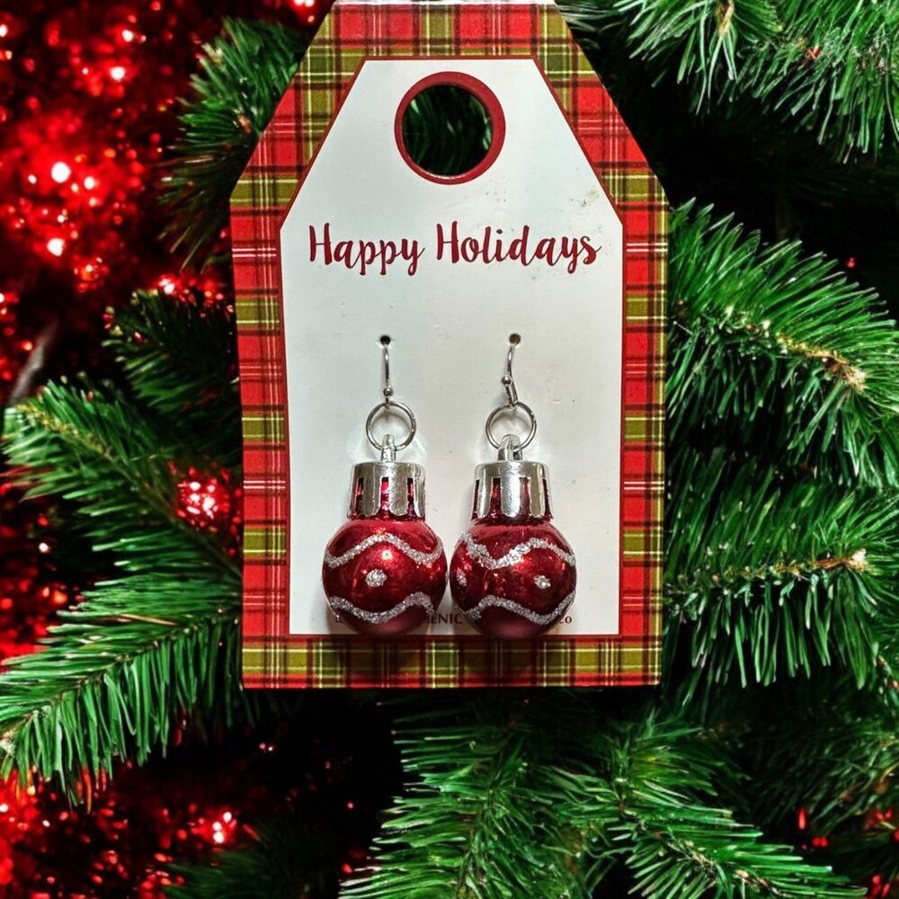 Holiday Ornament Dangle Earrings Red & Silver Hypoallergenic Christmas Festive